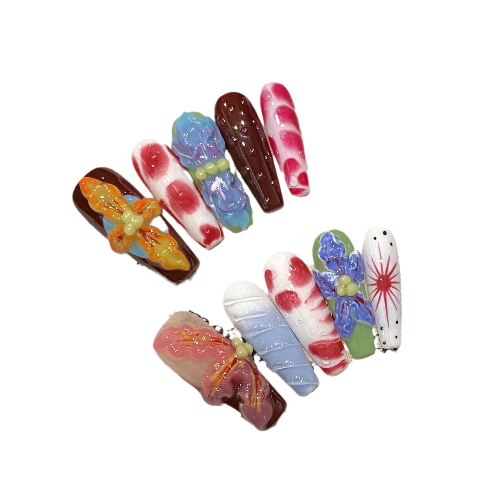 Flor tropical, flor del diablo, dopamina, tallado tridimensional, uñas postizas hechas a mano, gradiente de flores, largo | 365nails