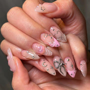 Faux ongles 3D motif nœud "Love" rose, pour la Saint‑Valentin, manucure française, courts forme amande — film d'ongles portable｜365nails
