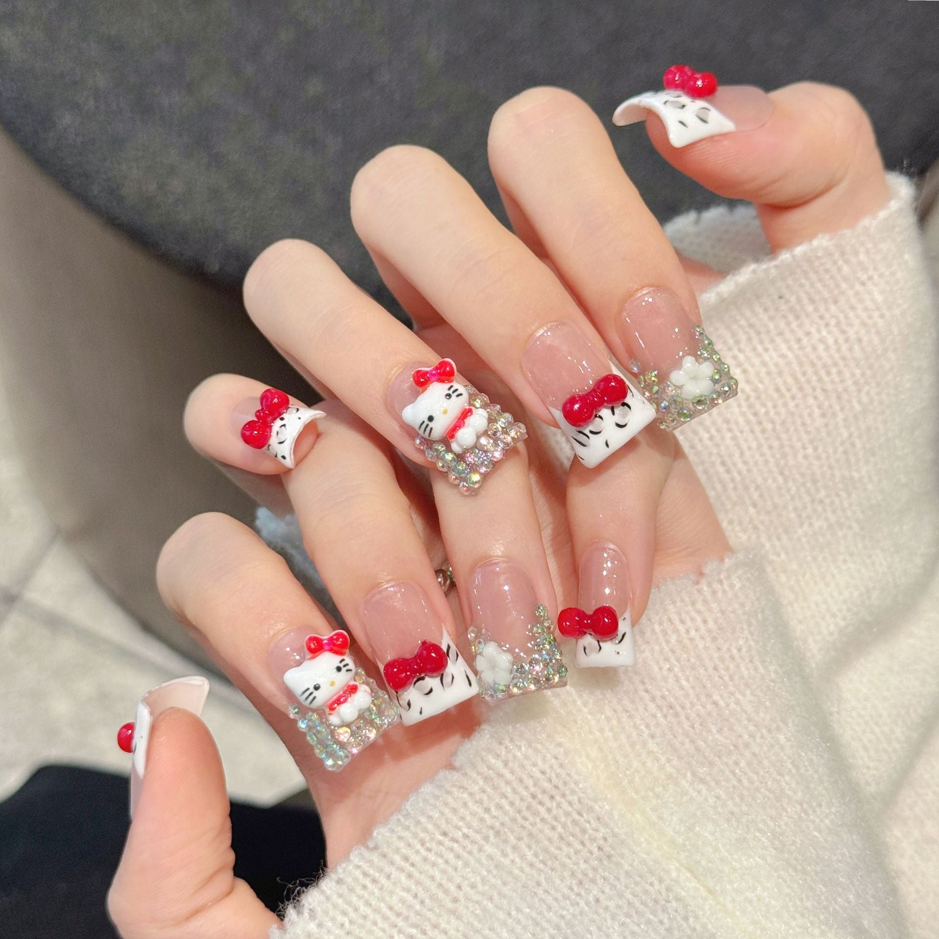 Kawaii Hello Kitty Red Bow Leopard Print Square Press-On Nails