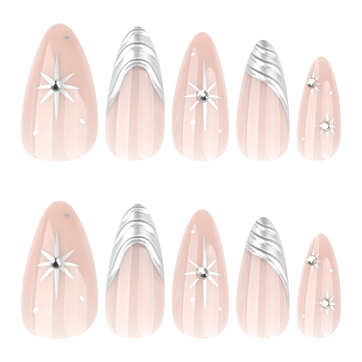 French 3D Silver Metallic Wind Pink Short Almond press-on nails