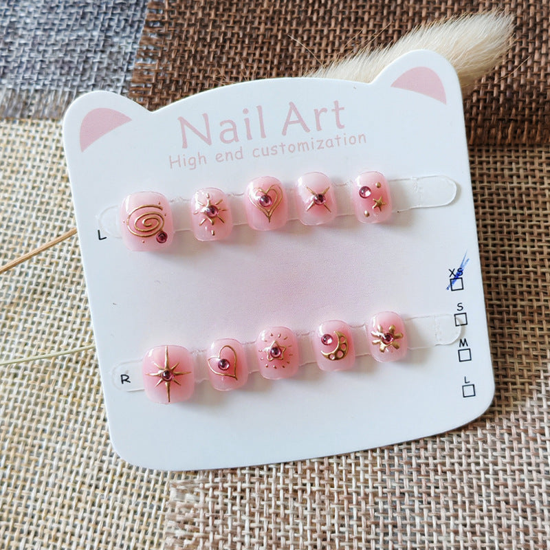 Pink Starry Kids Series: "Golden Star Sparkle" – Short Square Kids Nail Art