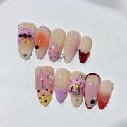 365nails: "Tropical Orchid Gradient" – Medium Almond Floral Fruit Handmade Press-On Nails