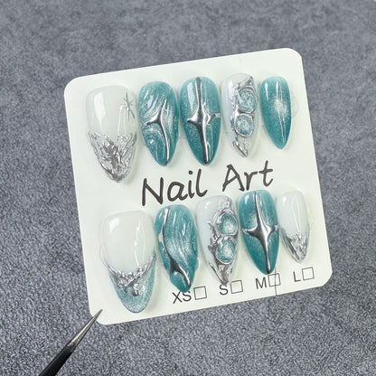 Almond  ice through cat eye  metal relief press-on nails pure handmade ｜365nails