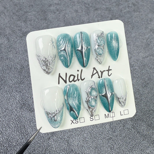 Almond  ice through cat eye  metal relief press-on nails pure handmade ｜365nails