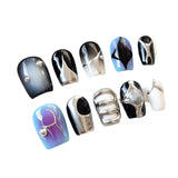 Uñas postizas hechas a mano estilo ciberpunk AI Mechanical Ji, diseño de uñas cortas con sensación metálica | 365nails