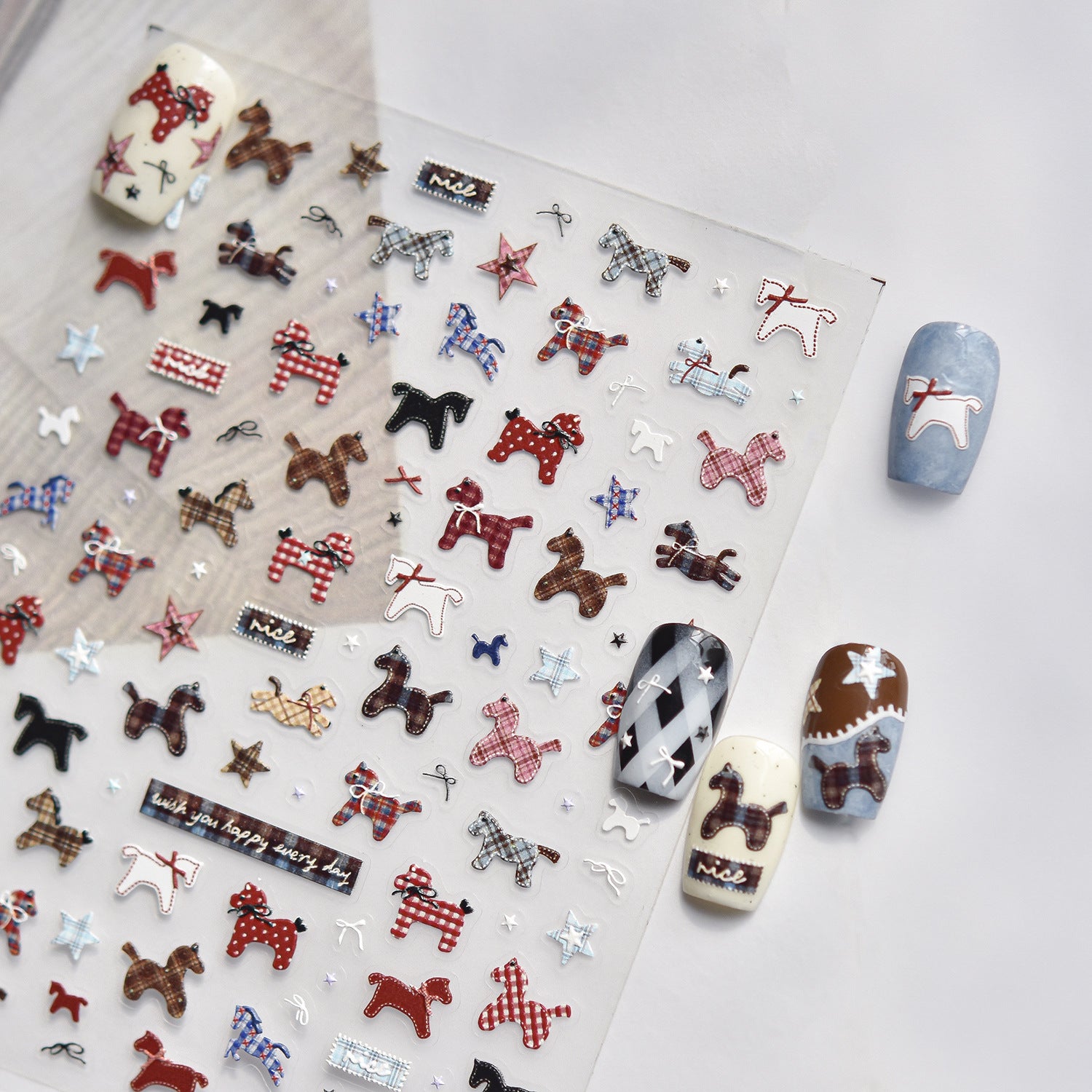 Embossed Rocking Horse Nail Stickers – Plaid & Star Set