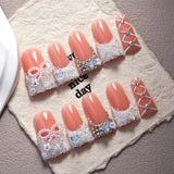 Peach Crystal Sugar Lace French Press On Nails