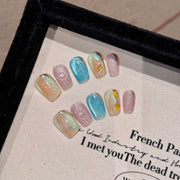 365nails : «Bulles arc-en-ciel» — ongles press-on courts fait main, effet œil de chat 7D et perles en verre