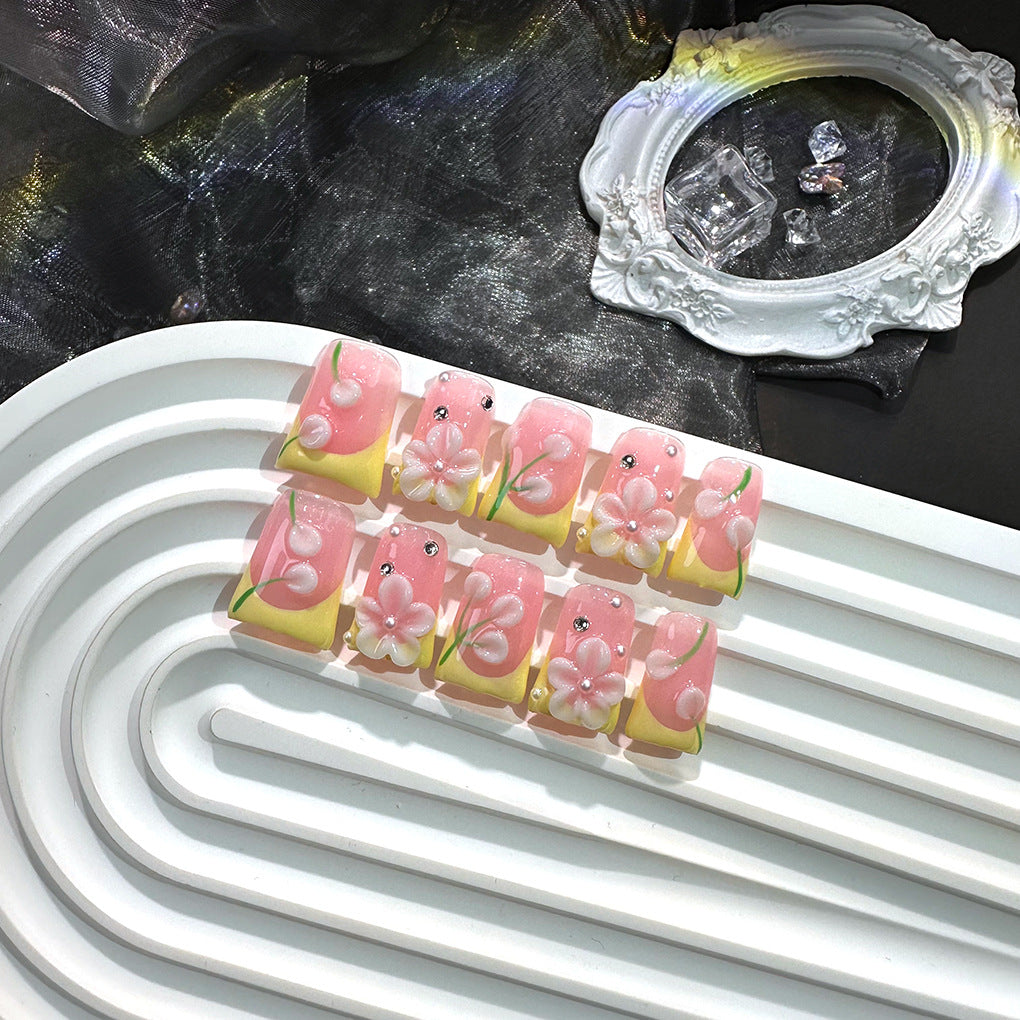 Pink Yellow Floral Jelly Press On Nails