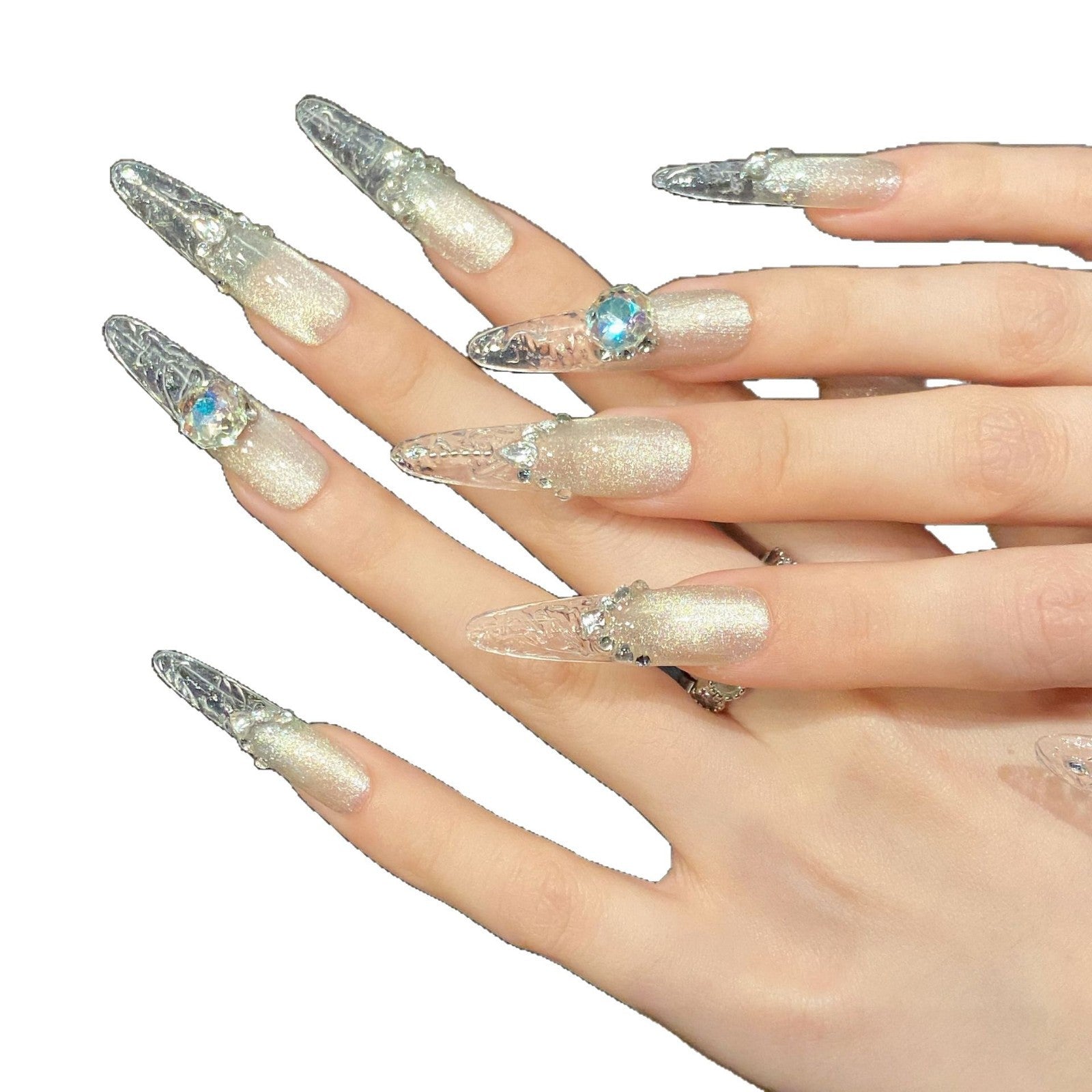 365nails: "水晶冰夢" – 3D 水晶與全息亮粉 手工製 尖形 穿戴甲