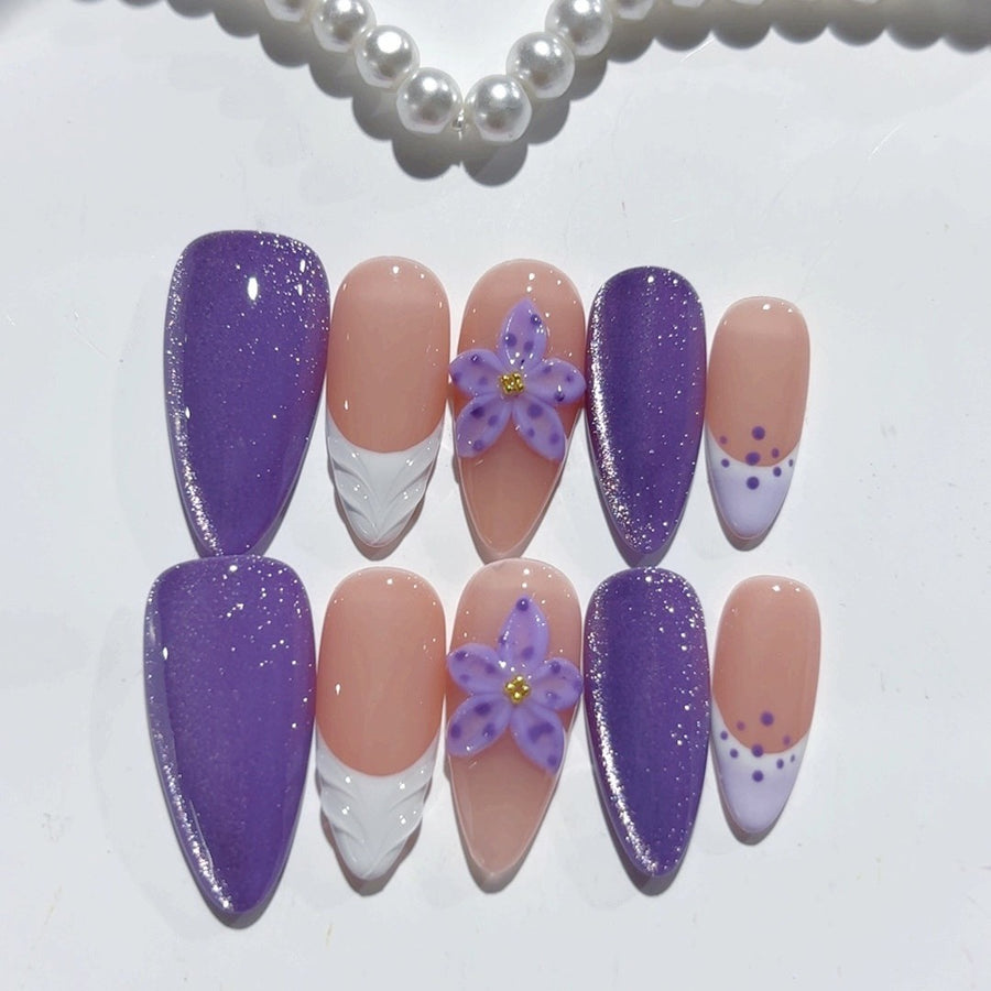 Mystic Purple: "Lavender Star French" – Long Almond Purple & Nude Handmade Press-On