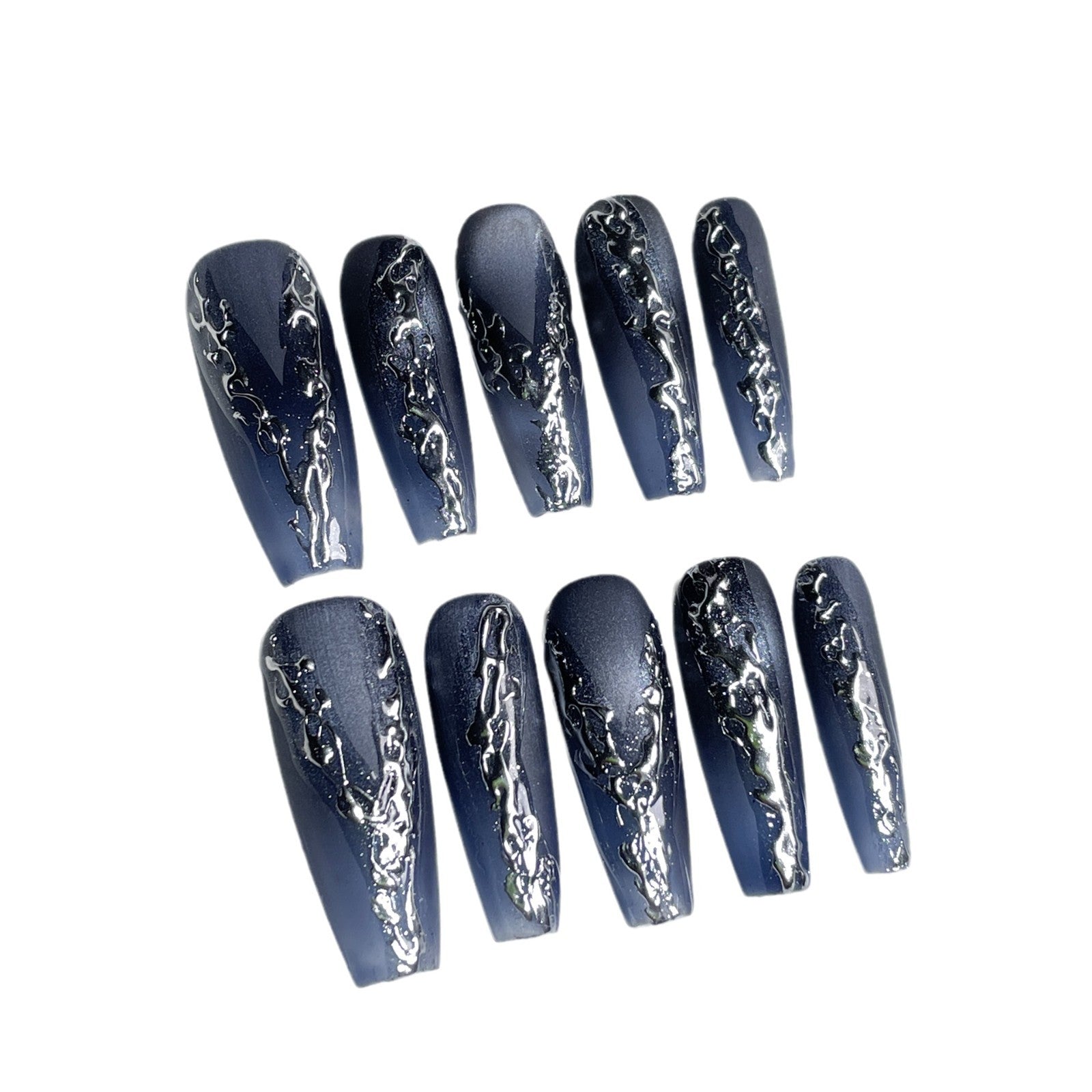 Uñas postizas a presión con diseño de viento de metal líquido, largas y geniales, estilo Spice Girl con uñas postizas | 365nails