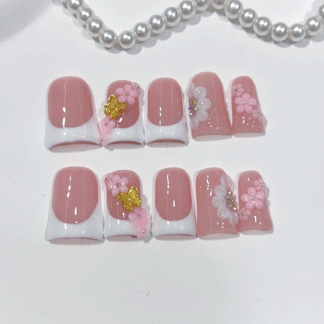 Blush Floral: "Pink Cherry French" – Short Square Handmade Press-Ons