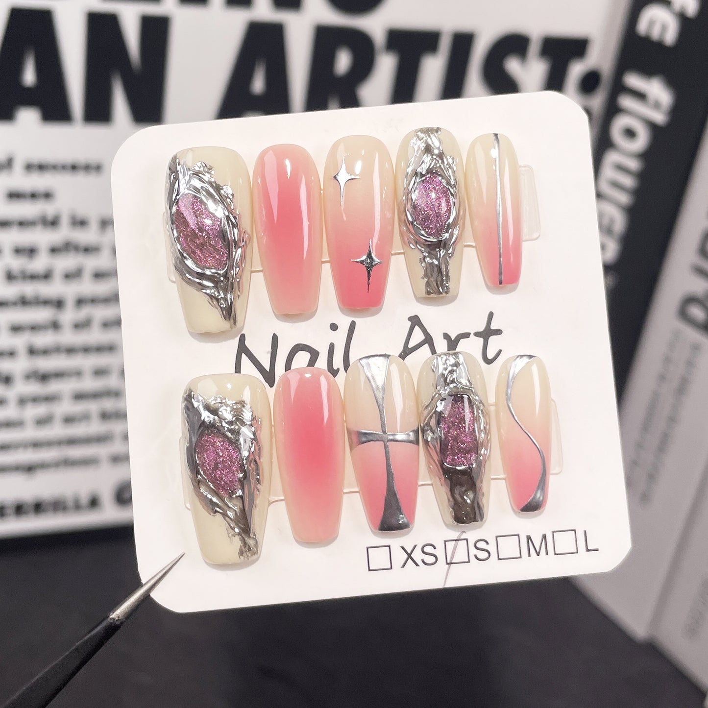 Sweet cool metal  style Handmade press on nails spray gun blush irregular cat eye medium and long nail patch wholesale｜365nails