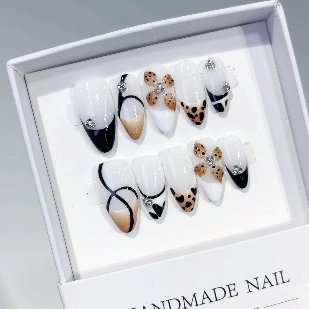 Edgy Monochrome Series: "Leopard Bikini" – Long Almond Handmade Press-on Nails