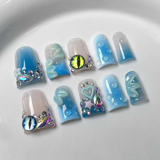 Unhas bico de pato Spice Girl gelo através de blush francês flash de unha tridimensional escultura personalizada unhas de pressão feitas à mão｜365nails