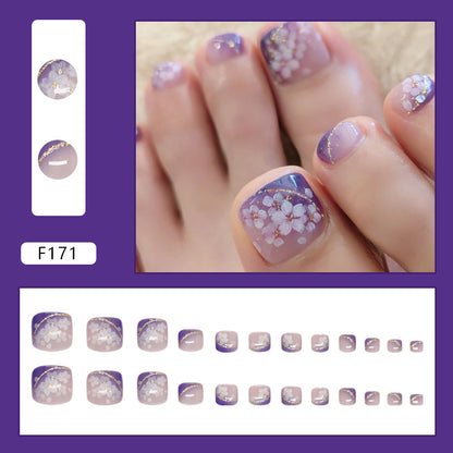 Encanto violeta claro, destello helado y fino, flores limpias y suaves, viento interior, 24 piezas de uñas de los pies extraíbles ｜365nails