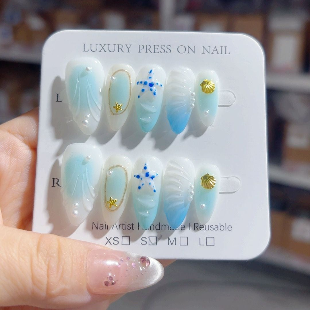 365nails-海洋低語：「貝殼小夜曲」— 杏仁形 手工製 3D 雕刻 穿戴甲