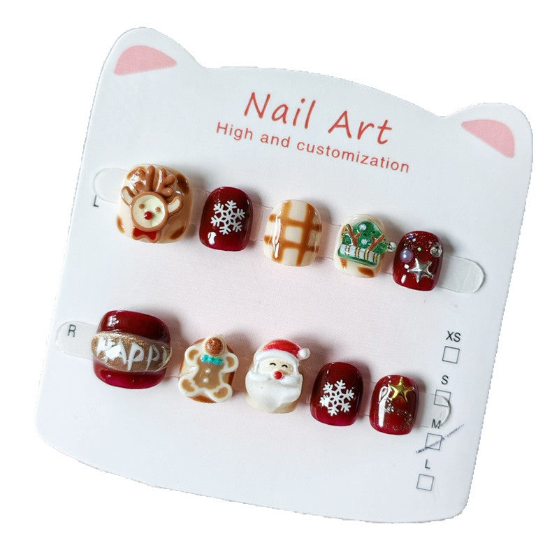 365nails-Christmas Kids Series: "節日聖誕老人與馴鹿" – 短款方形兒童穿戴甲