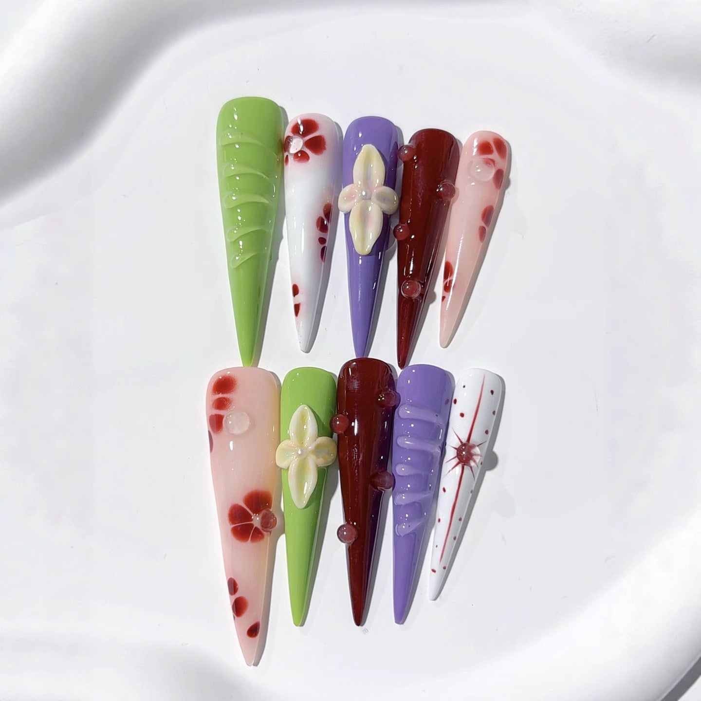 Colorful Floral Sculpted Art Statement Press On Nails