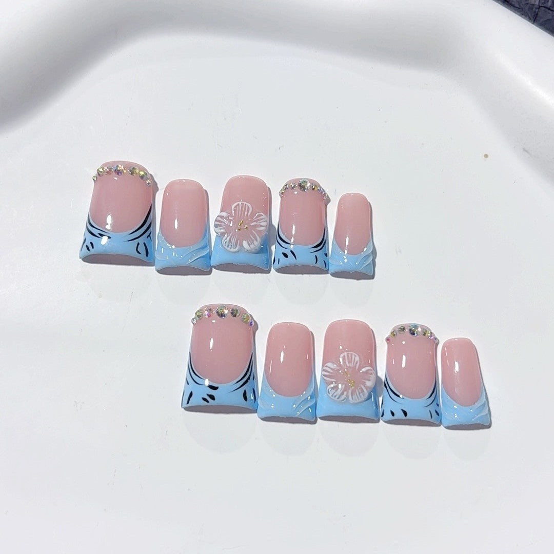 Série Ice Bloom: "Blue Ice Sakura" – Unhas Postiças Quadradas Curtas Feitas à Mão