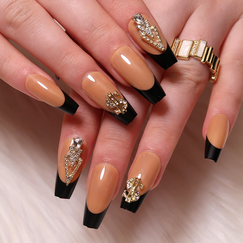 nails Art Press on nails Black French Press on nails Piece Dollar Pattern Three-dimensional Rhinestone press on nails｜365nails