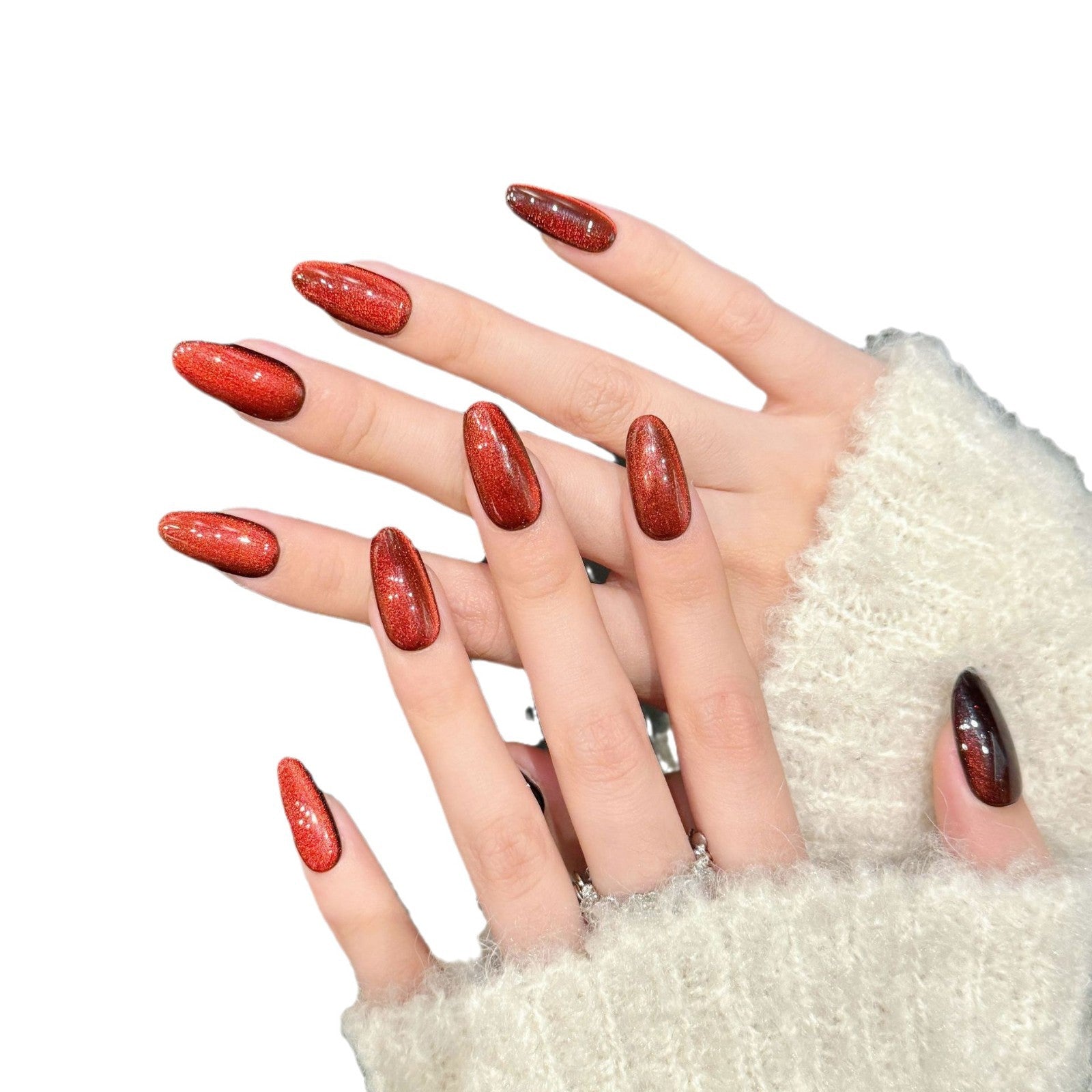 365nails: "Velvet Crush" – Unhas Postiças Artesanais de Amêndoa Média com Efeito Olho de Gato 3D Diamante
