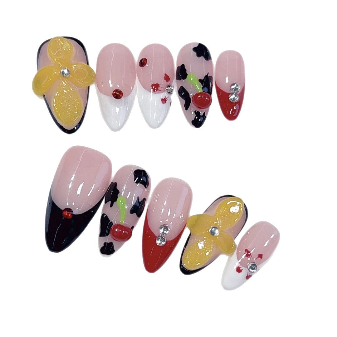 Fruit Cocktail: "Cherry Cow Flower" – Almond Shape Handmade Press-On Nails