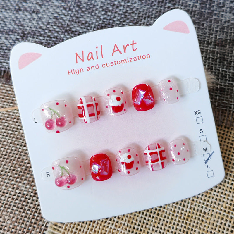 365nails: "jelly cherry picnic" – short round handmade kids press-on nails