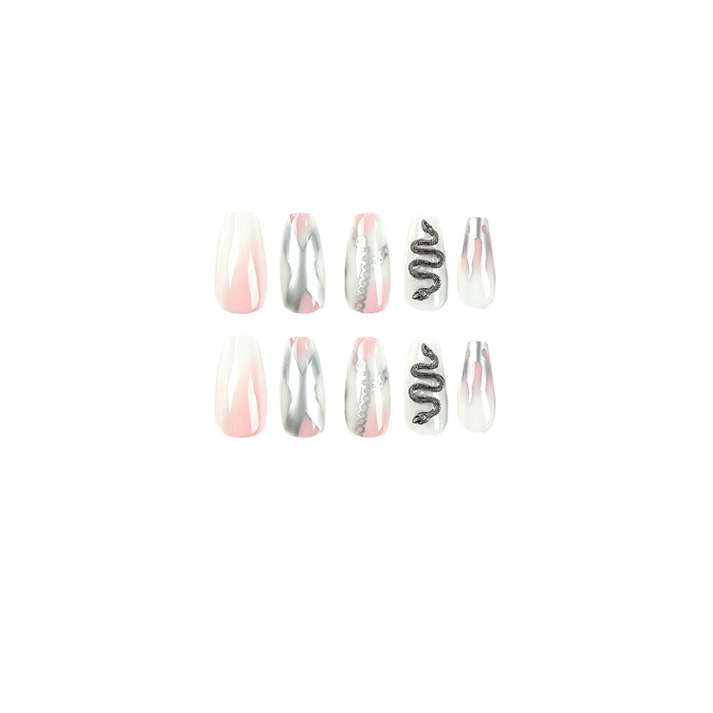 press on armor wholesale pink smudge silver flame chain three-dimensional snake-shaped rhinestone press on armor finished nails piece nails｜365nails