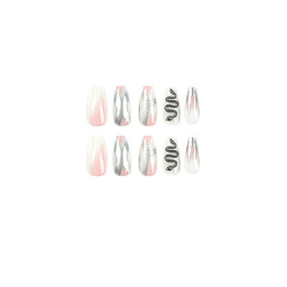 press on armor wholesale pink smudge silver flame chain three-dimensional snake-shaped rhinestone press on armor finished nails piece nails｜365nails