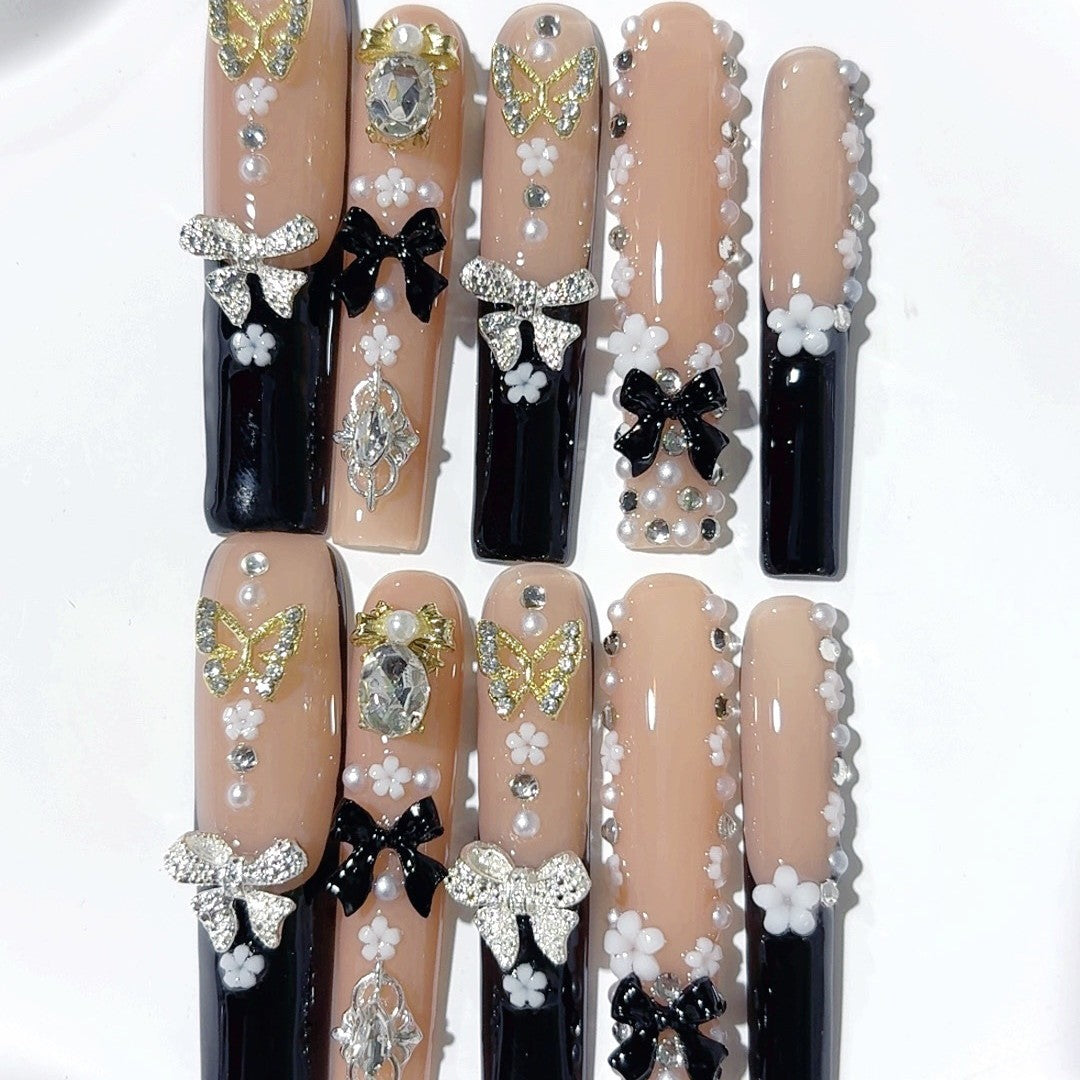 French Butterfly Bow Crystal Elegant Press On Nails