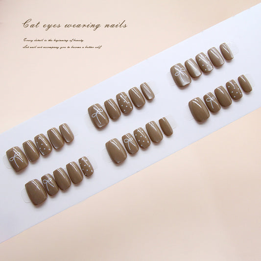 Nail Tips  prefabricated nail light coffee line bow polka dot cat eye gentle white  nail patch｜365nails