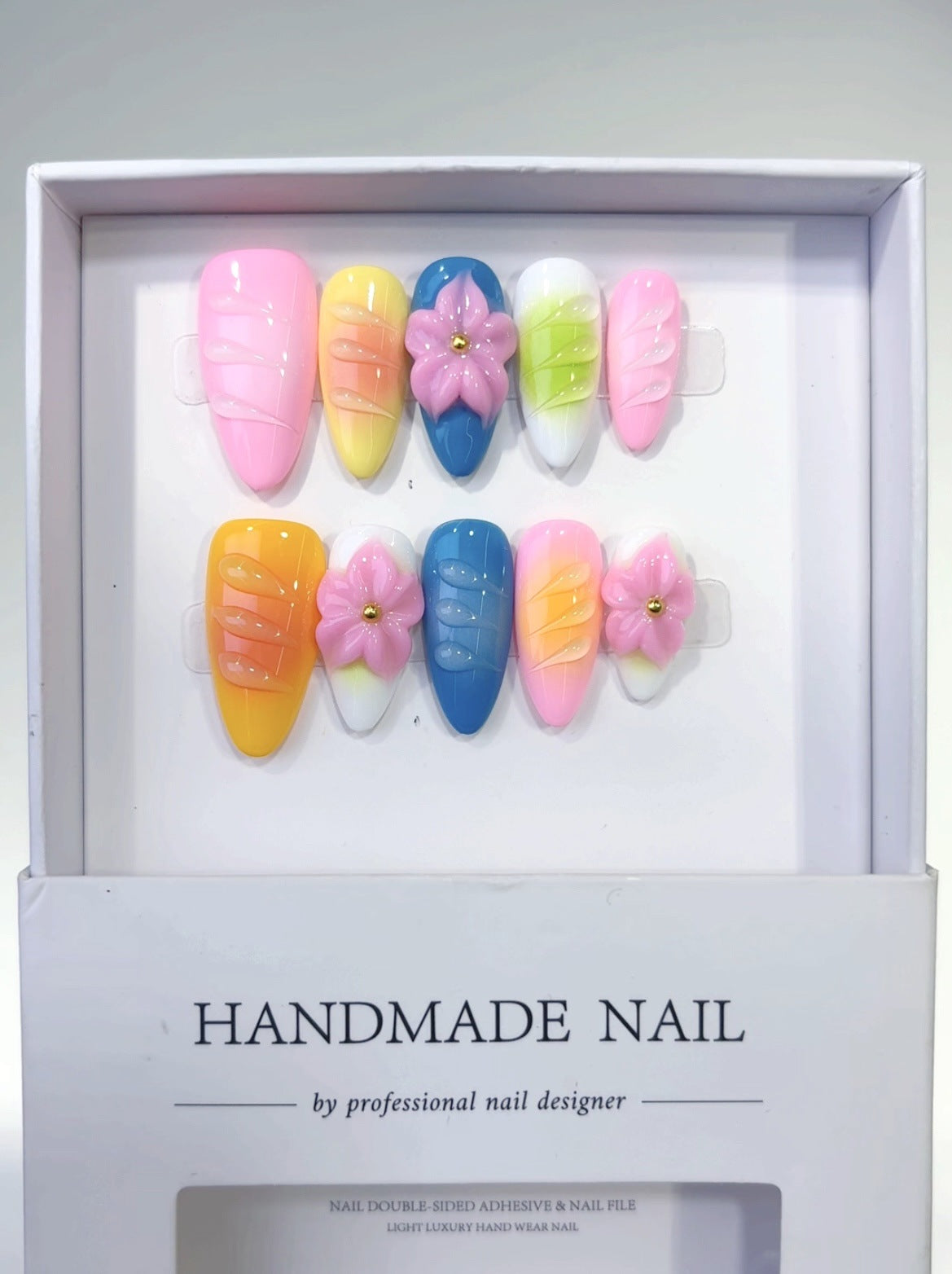 Rainbow Fantasy: "Vivid Floral Echo" – Almond Shape 3D Handmade Press On Nails