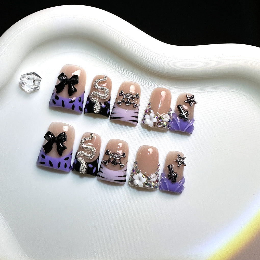 Y2K Royal Collection: "Lavender Bow Bling" – Short Square Press-On Nails