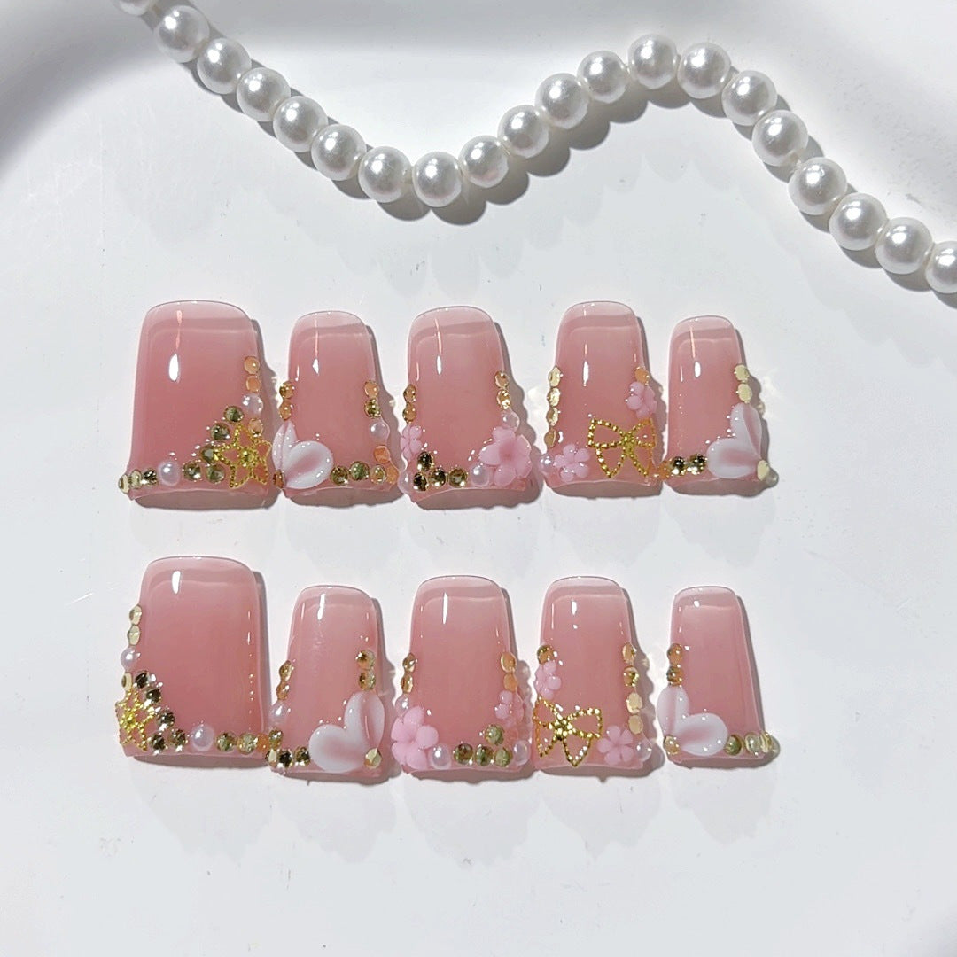 Luxe rose doux : "Cœur & Floral" – Ongles press-on forme carrée
