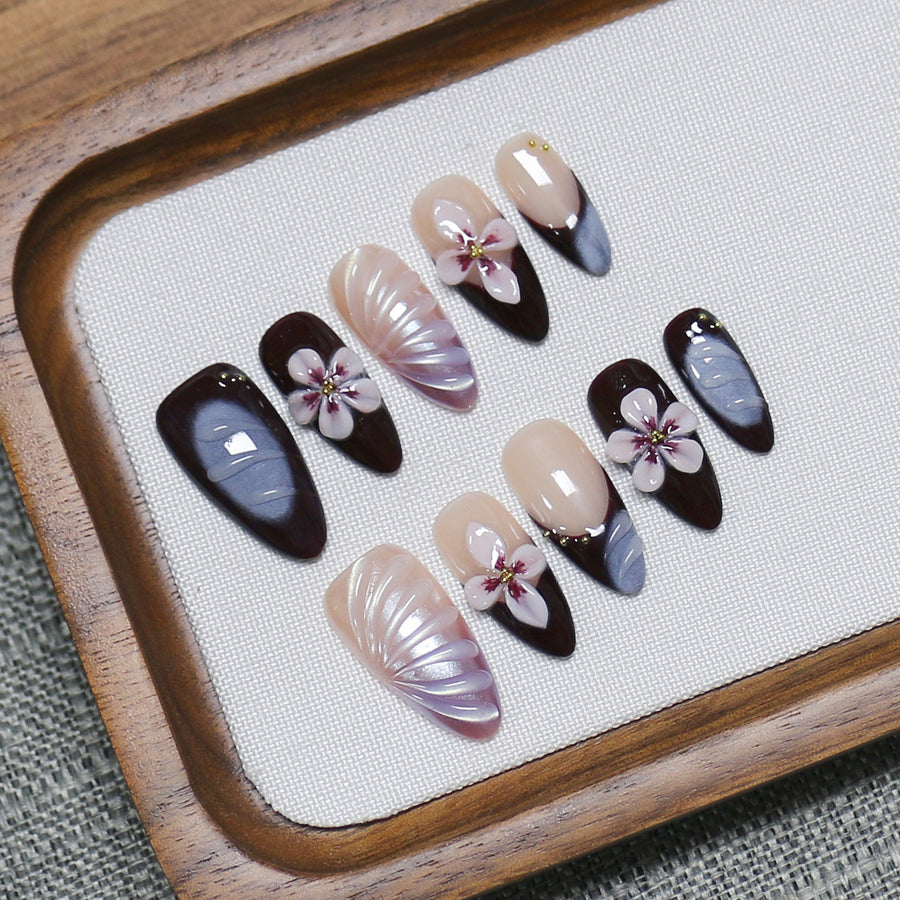 Plum Blossom Night: "Midnight Plum Grace" – Almond Press-On Nails