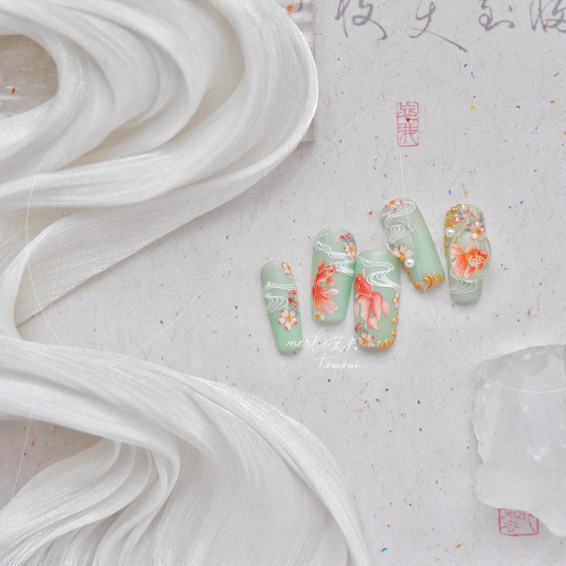Oriental Goldfish & Cherry Blossom: "Elegant Pond Goldfish" – 5D Embossed Nail Sticker