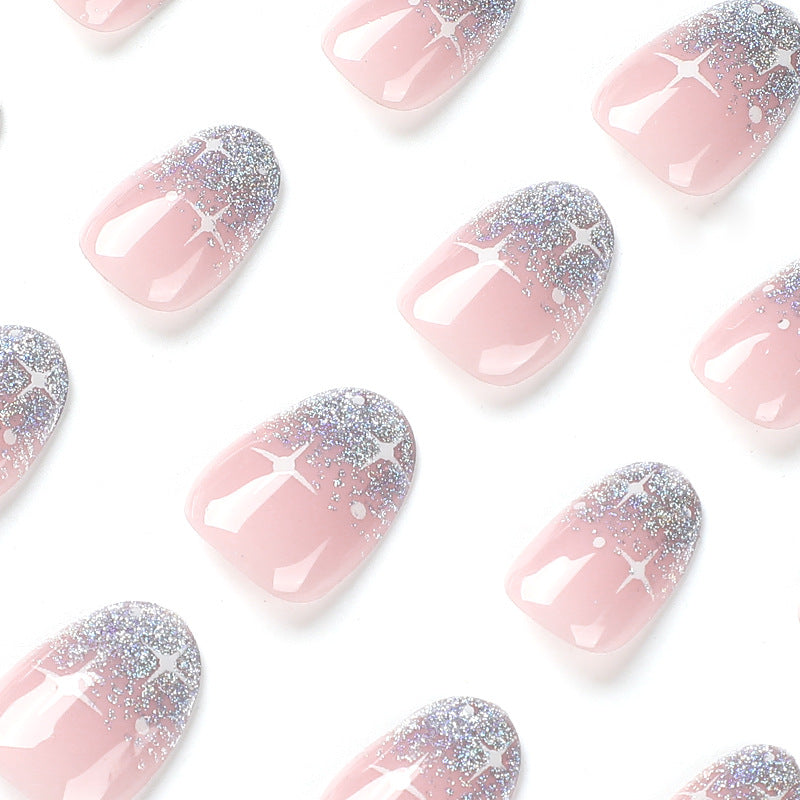 Sweet and cool  silver glitter French  sticker white starry short  nail｜365nails