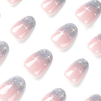 Sweet and cool  silver glitter French  sticker white starry short  nail｜365nails