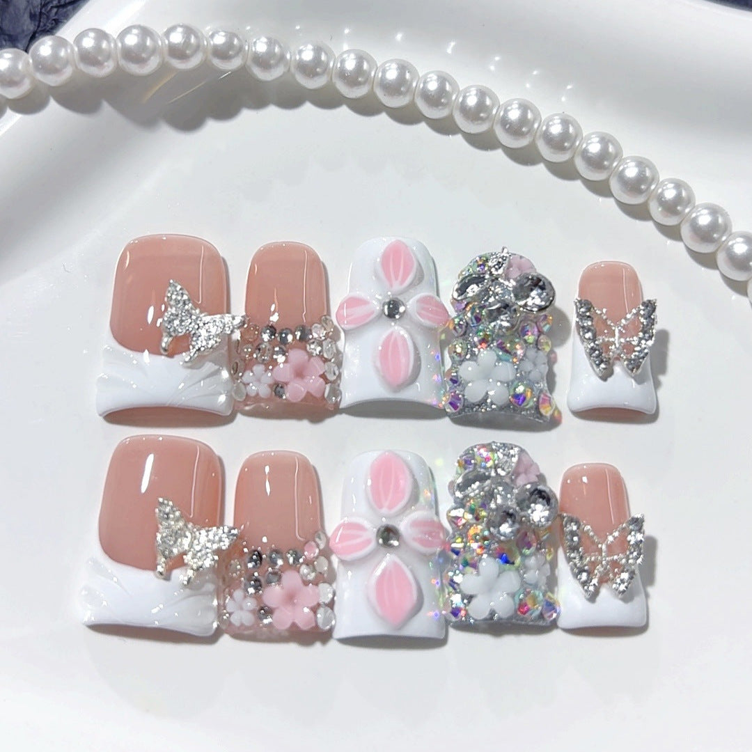 Jardin enchanté : "Cristal floral papillon" – Ongles press-on faits main carrés courts