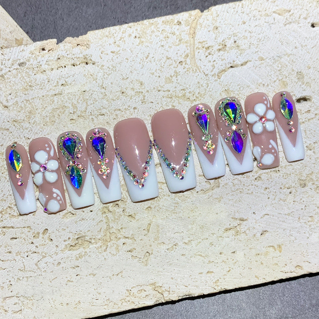 Nude French Crystal Floral Press-On Nails