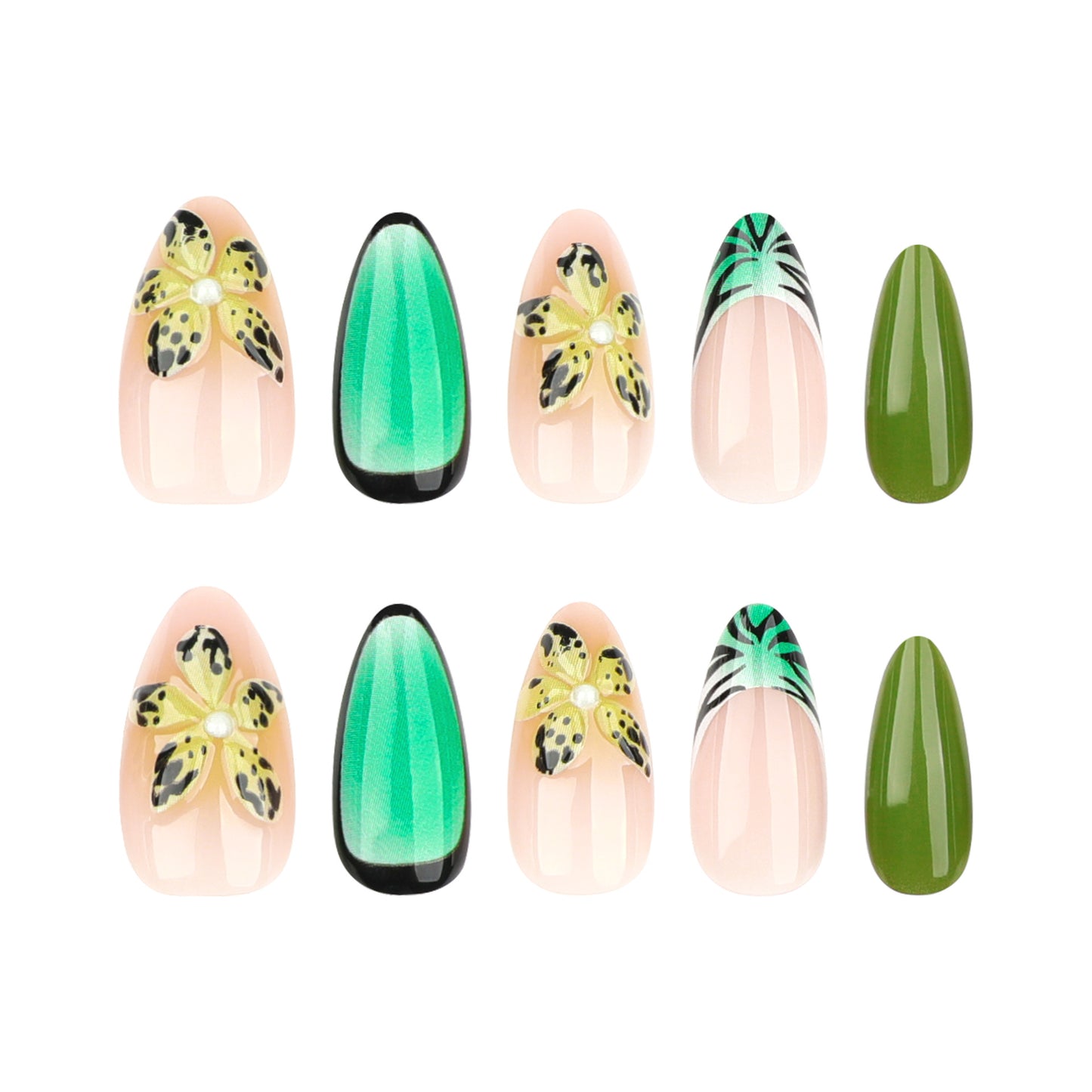 Summer style almond wearing nail French manicure fake nail 3D tropical flower removable nail finished product wholesale