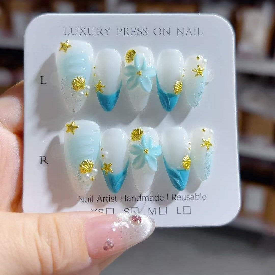 365nails: "海洋寶藏灣" – 中長款 杏仁形 藍色漸層 海洋風 手工製 穿戴甲