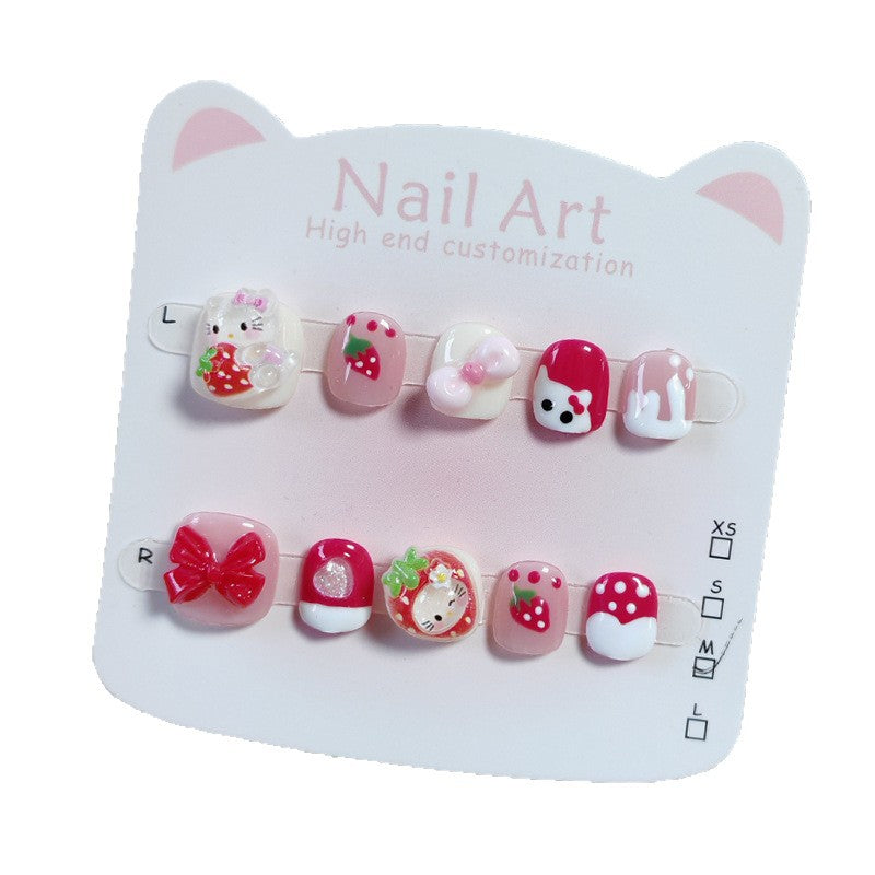 365Nails: "Strawberry Hello Kitty Wonderland" – Handmade Cute Short Oval Press On Nails With Hello Kitty & Strawberry Design