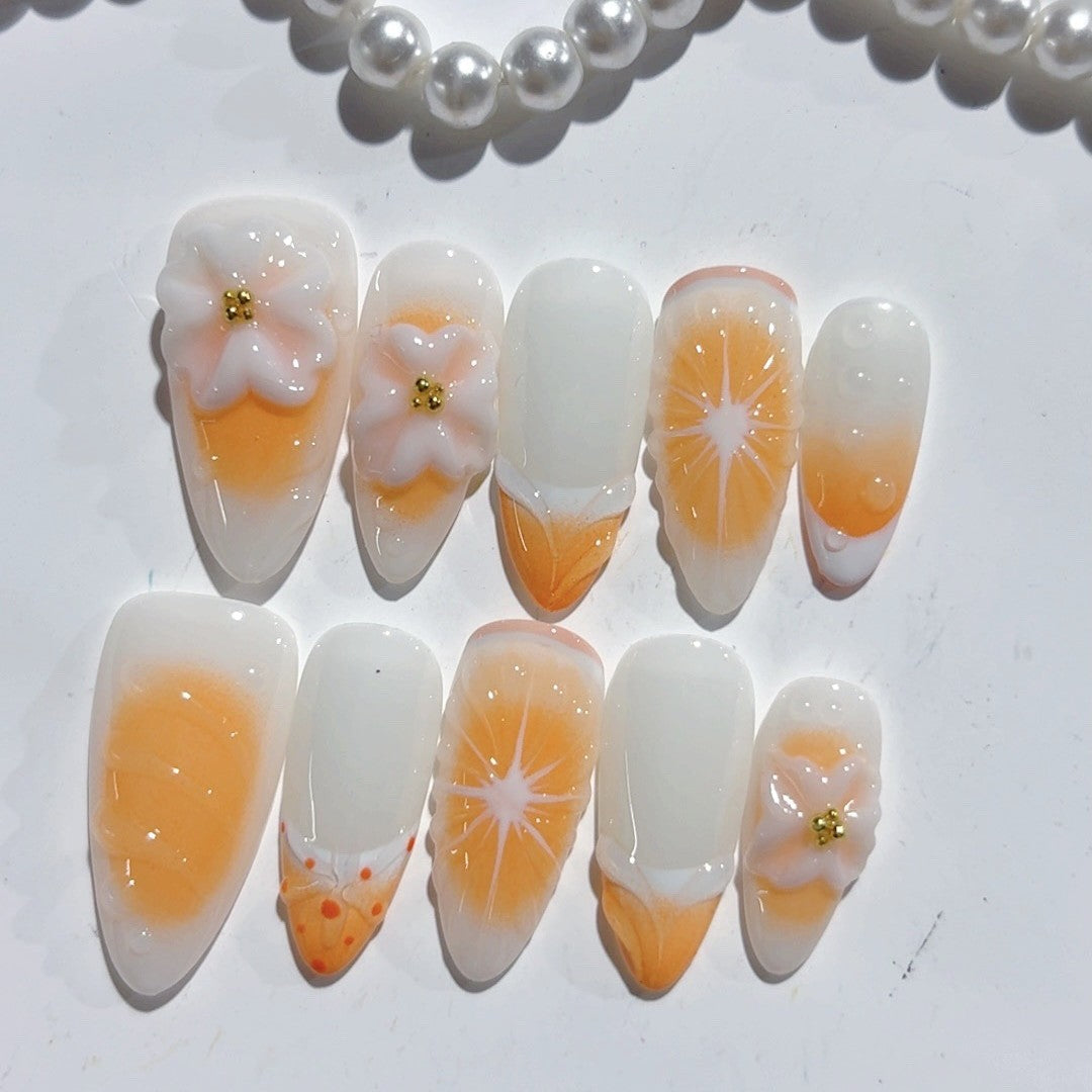 365nails-Mango Tango: "Sunny Mango" – Unhas Postiças Artesanais 3D Esculpidas em Formato Amendoado
