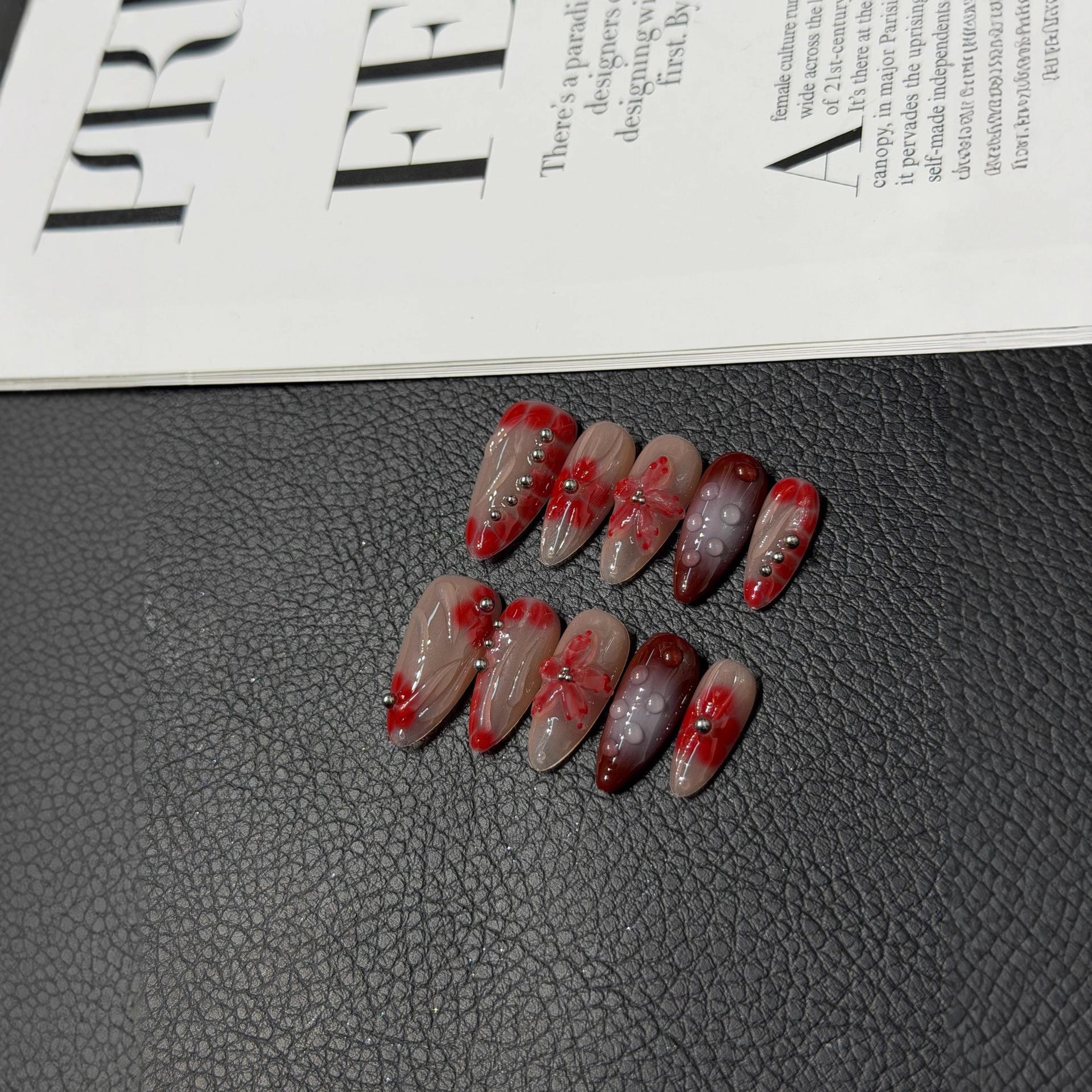 365nails: "Bloody Rose" – 3D Floral & Marble Handmade Almond Nails