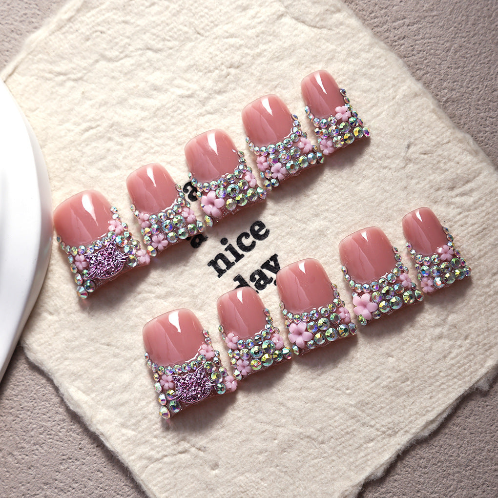 Soft Pink Crystal Floral Press On Nails