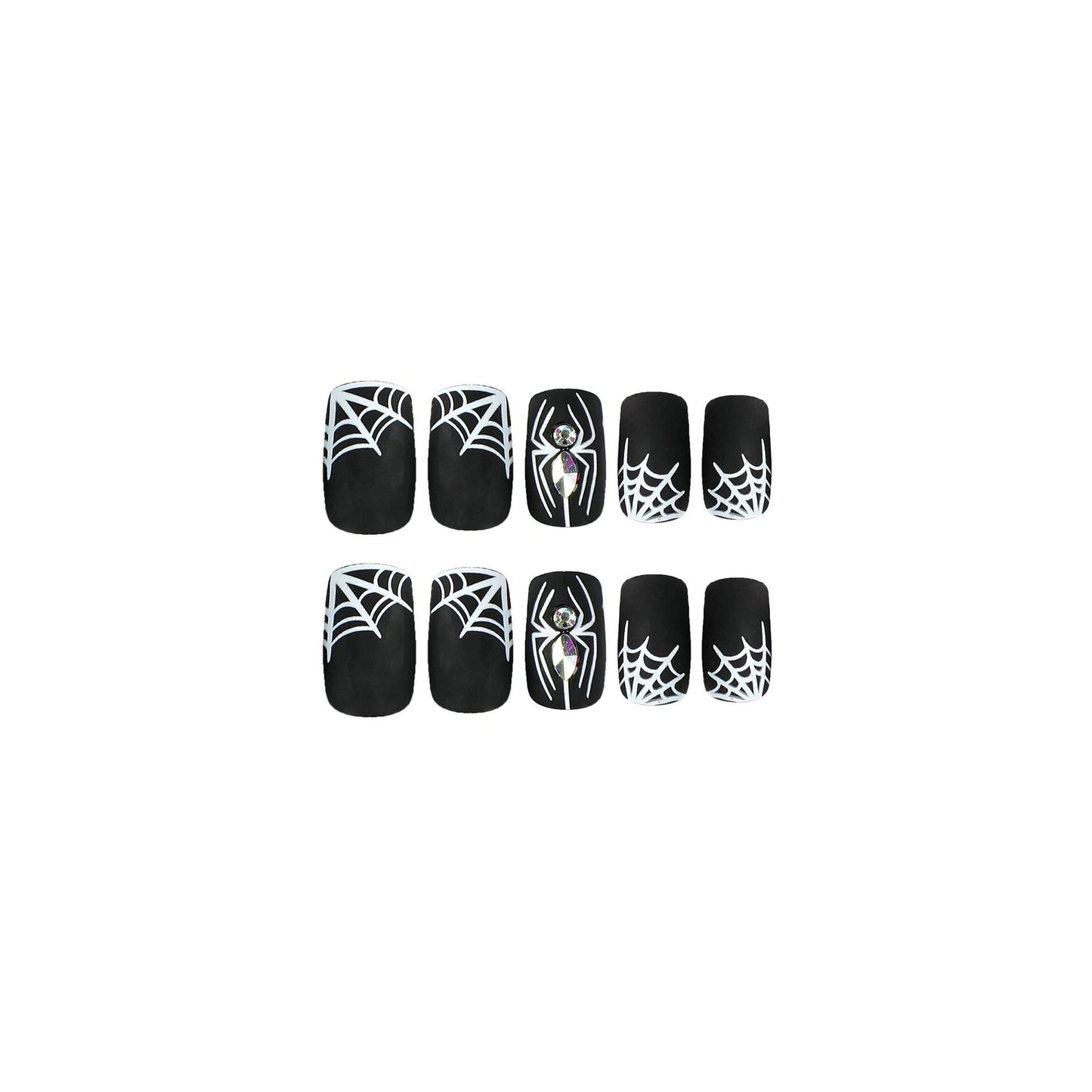 Nail Piece Wearing Nail Halloween Nail Art Black Frosted White Spider Web Rhinestone Nail Art Piece Removable nail｜365nails