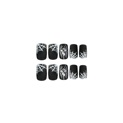 Nail Piece Wearing Nail Halloween Nail Art Black Frosted White Spider Web Rhinestone Nail Art Piece Removable nail｜365nails